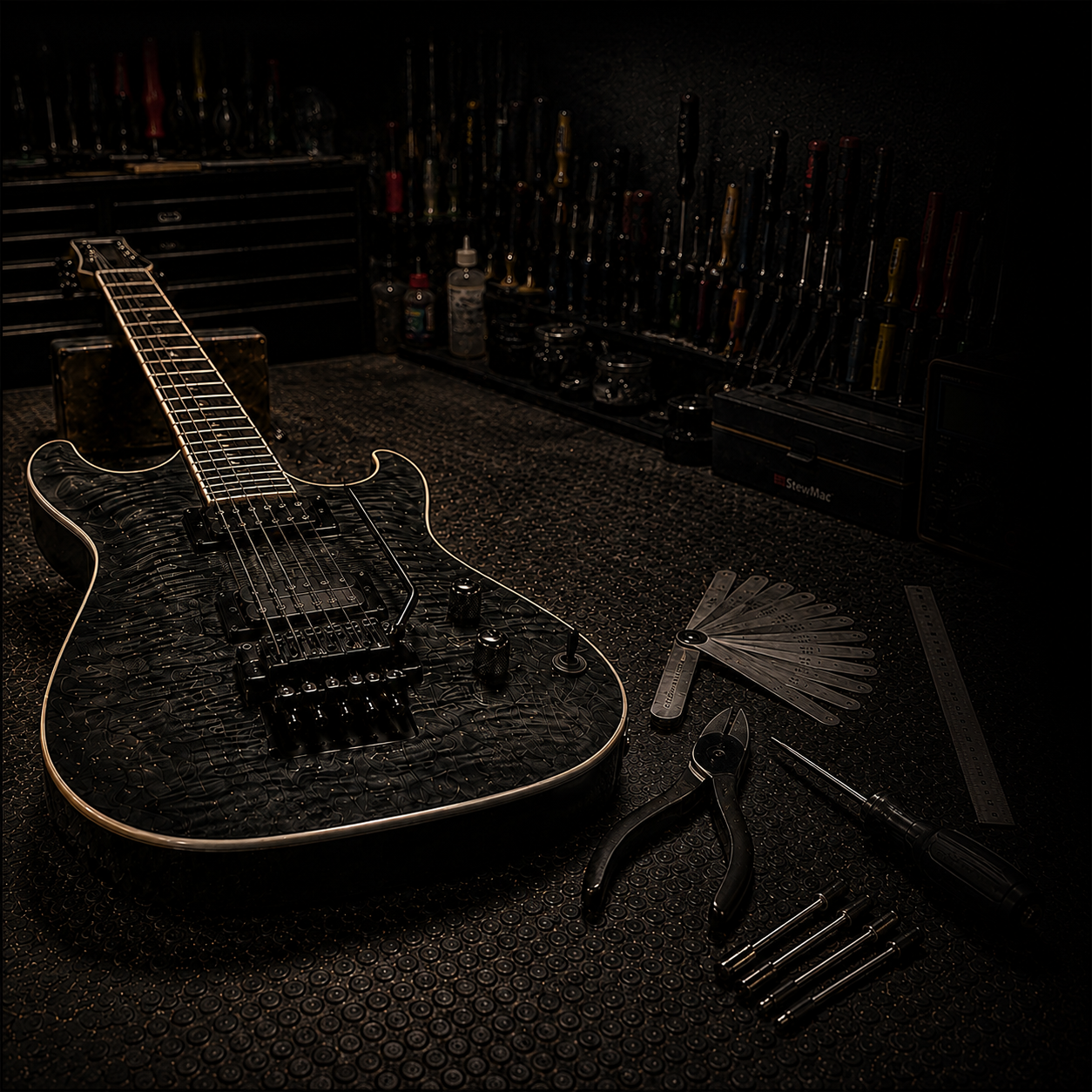 Chitarra elettrica sul banco da lavoro con strumenti tecnici per il setup