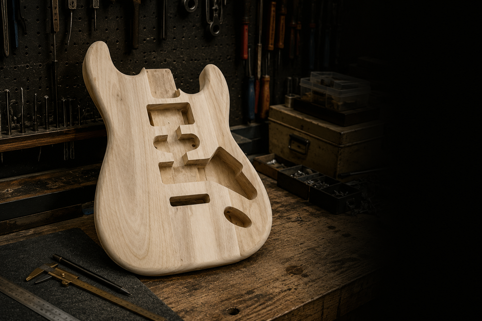 Componenti per chitarra sul banco da lavoro: ponti, pickup, humbucker e meccaniche